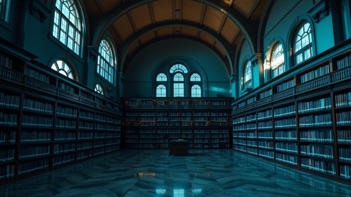 Grande bibliothèque institutionnelle vide, rayonnages de bois sombre sous une lumière froide.