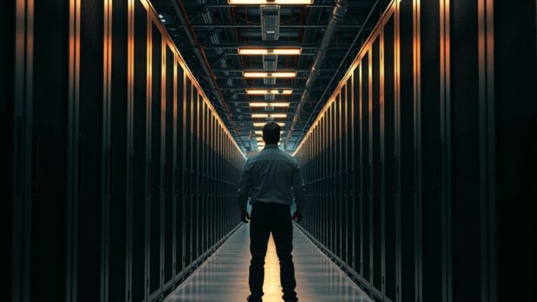 Groq lève 350 M$ : le pivot vers le neocloud après la vente de ses puces 1 Couloir d'un centre de données vide, baies métalliques alignées et lumière émeraude au loin.