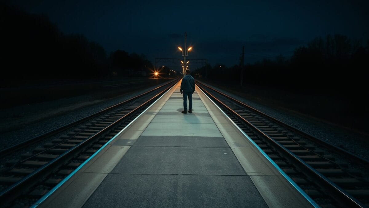 Une bifurcation de rails au crépuscule, un voyageur de dos au bout d'un quai désert.