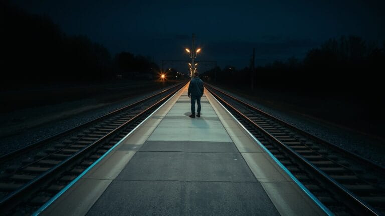 Une bifurcation de rails au crépuscule, un voyageur de dos au bout d'un quai désert.