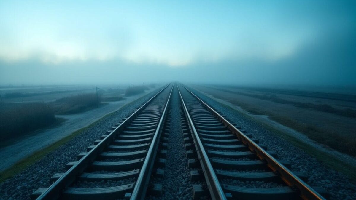 Bifurcation de rails d'acier dans la brume à l'aube, deux voies qui divergent.