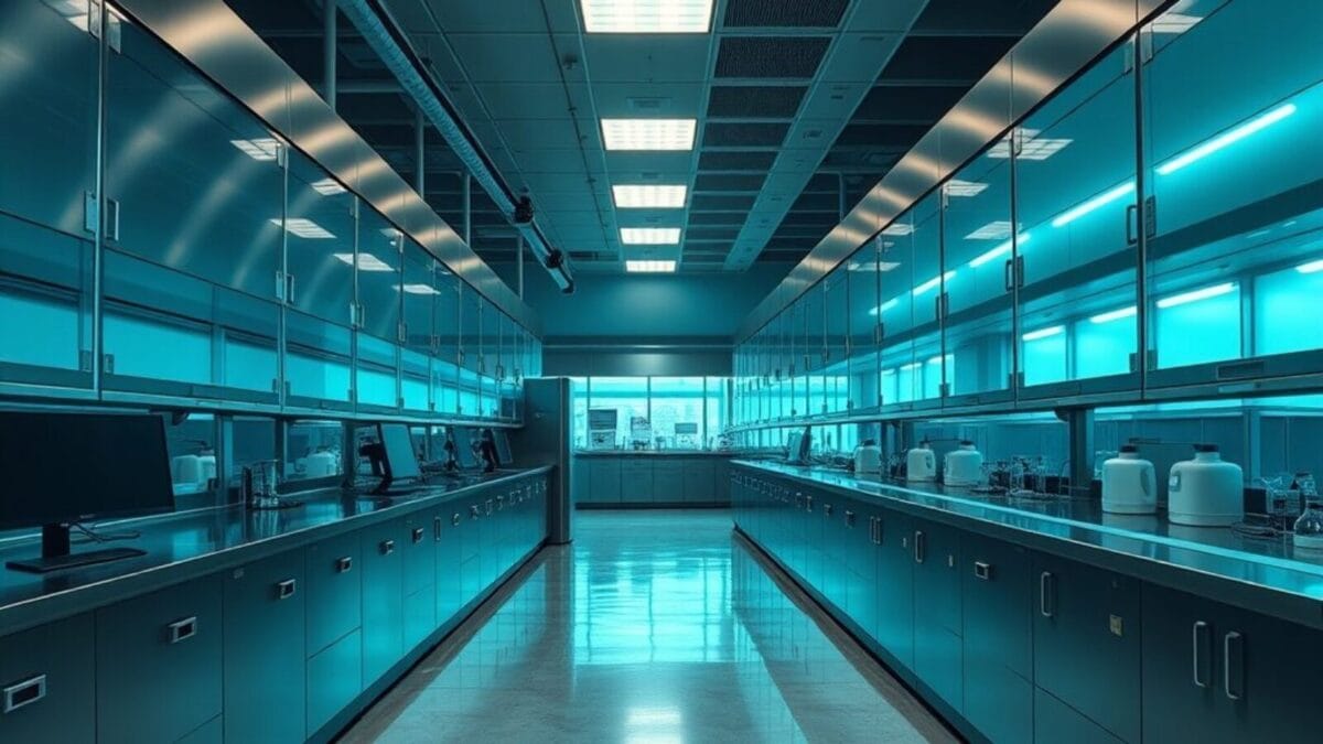 Laboratoire pharmaceutique vide au crépuscule, paillasses en acier et vitrines de verre, aucun écran allumé.
