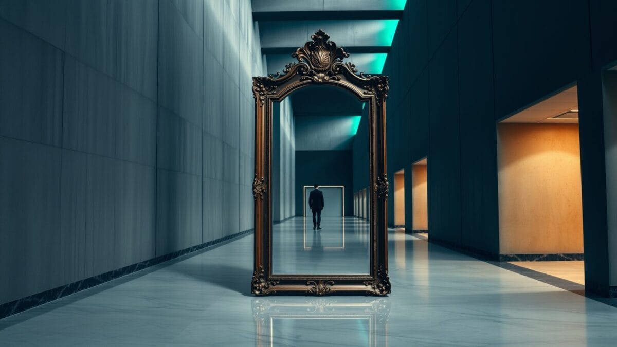 Un grand miroir ancien seul dans un hall vide, une silhouette de dos au loin.