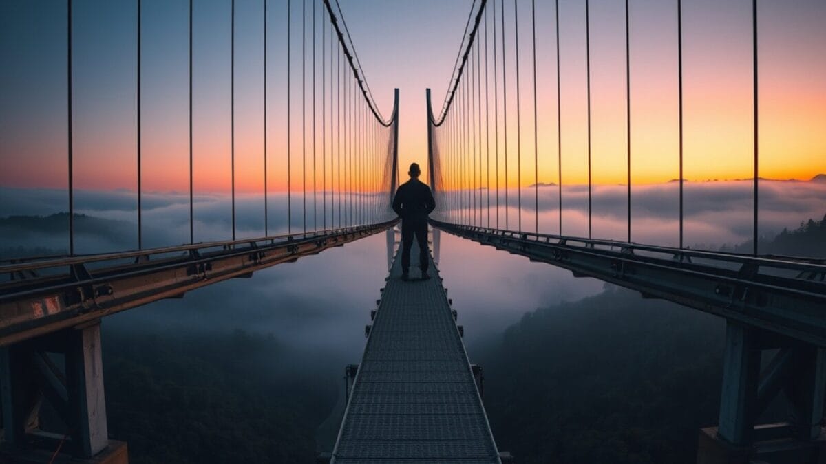 Pont métallique se divisant en deux chemins dans le brouillard au crépuscule