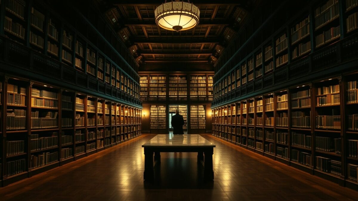Silhouette de dos d'une historienne dans une bibliothèque institutionnelle vide au crépuscule.