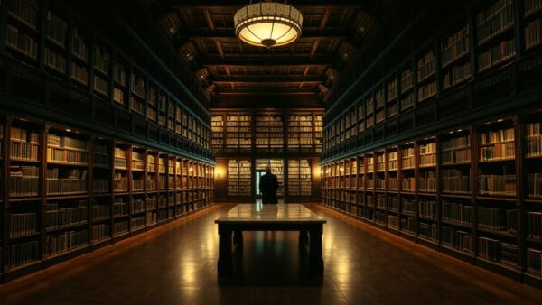 Silhouette de dos d'une historienne dans une bibliothèque institutionnelle vide au crépuscule.
