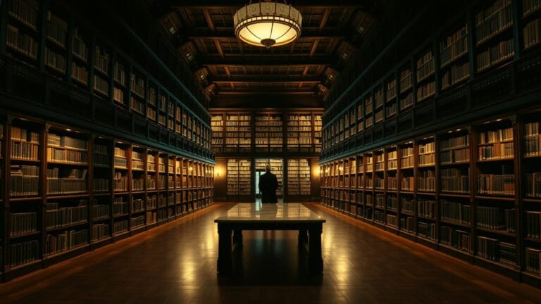 Silhouette de dos d'une historienne dans une bibliothèque institutionnelle vide au crépuscule.