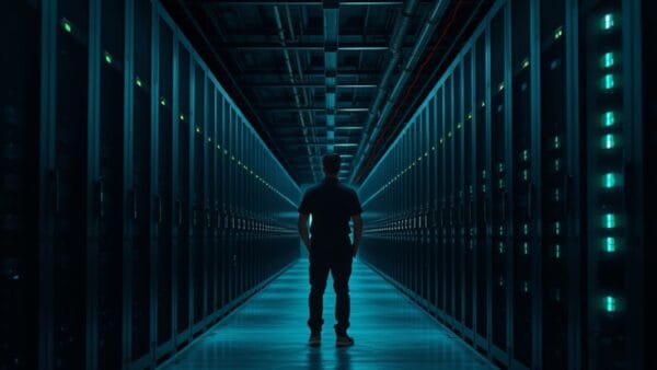 Salle de serveurs sombre avec une silhouette de dos, symbolisant l'indexation web à grande échelle