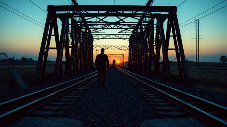 Une bifurcation de rails au petit matin, silhouette de dos au loin sur le quai.