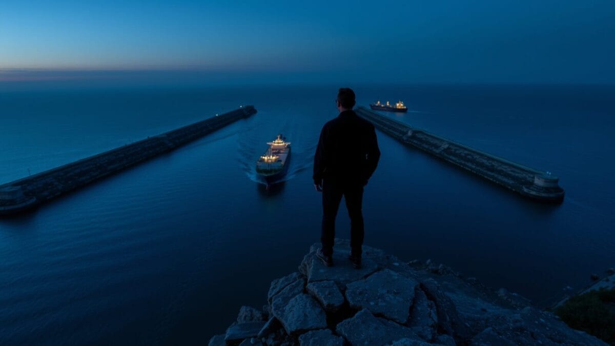 Un détroit maritime au crépuscule, pétroliers en file, silhouette de dos sur une falaise.