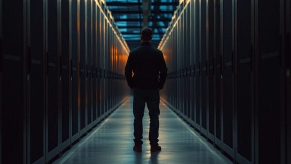 Couloir de data center la nuit, rangées de serveurs compacts et silhouette d'un technicien au loin