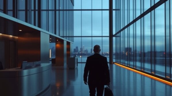Silhouette dans un hall d'entreprise vitré au crépuscule, illustrant un départ de cadre