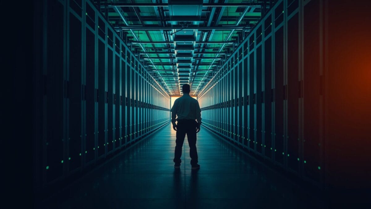 Couloir d'un centre de données avec baies de serveurs et silhouette de technicien de dos au loin.