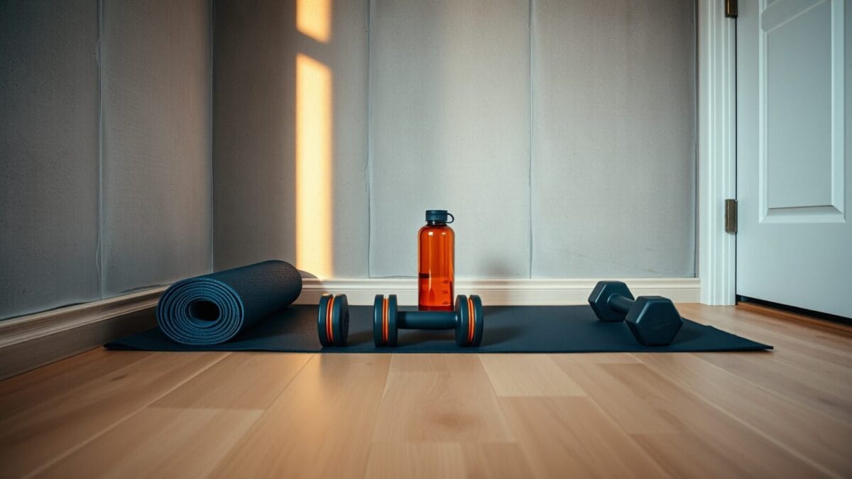 Coin d'entraînement à domicile au lever du jour : tapis roulé, haltères et gourde alignés sur un parquet clair.