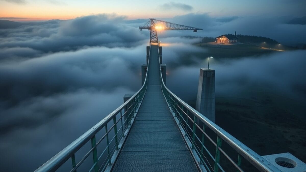 Non, l'IA ne surpasse pas les enfants. Et les voyages spatiaux privés, un luxe ou une nécessité ? 1 Pont métallique se divisant vers un pas de tir et une salle de classe, au crépuscule