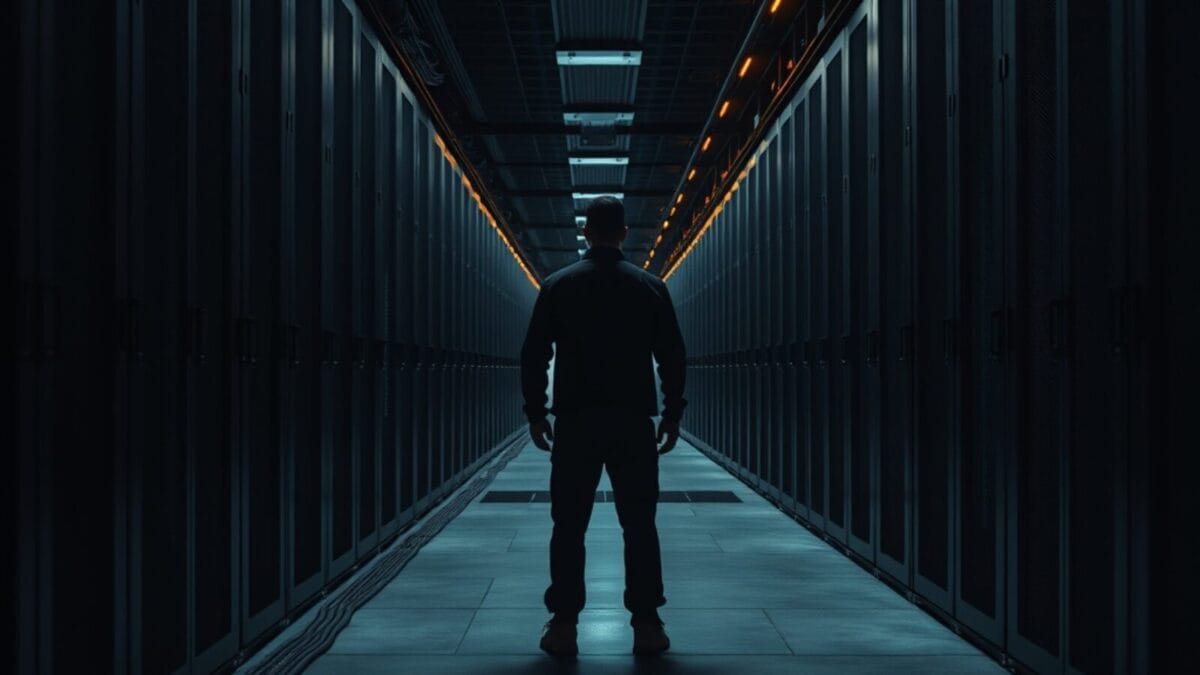 Nvidia : l'avantage se déplace du GPU vers l'orchestration 1 Allée de serveurs dans un centre de données, silhouette au loin, éclairage bleu et ambré.