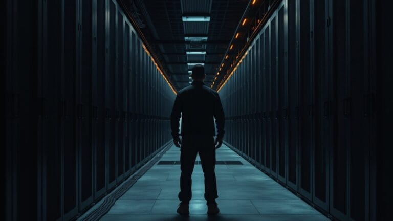 Allée de serveurs dans un centre de données, silhouette au loin, éclairage bleu et ambré.