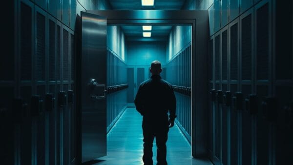 Porte de coffre en acier entrouverte dans un couloir de serveurs, silhouette de technicien de dos au loin.