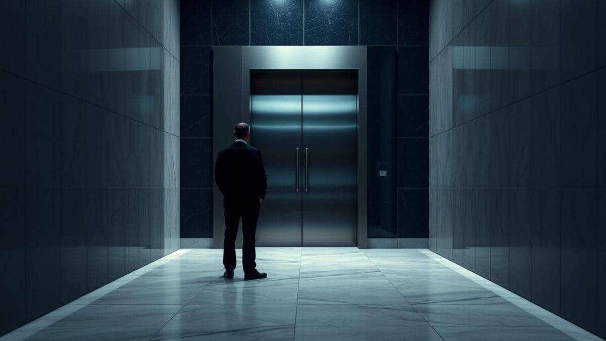 Silhouette de dos devant une porte massive en acier dans un couloir institutionnel en marbre.