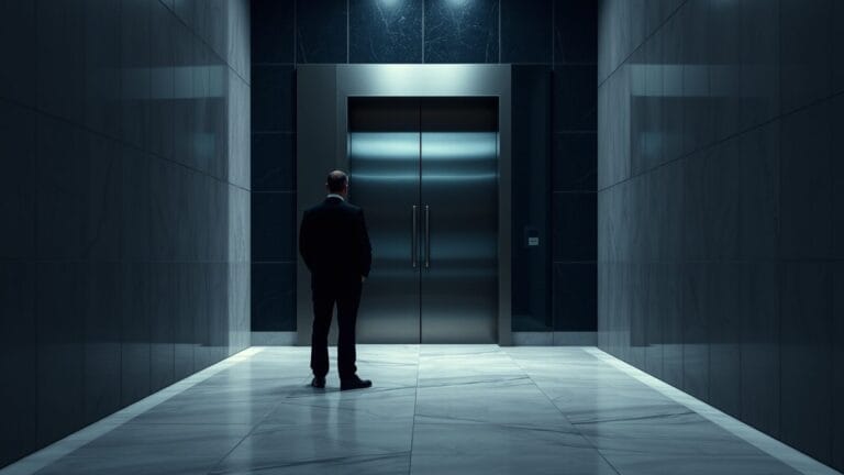 OpenAI adopte les deux Codes de l'UE : ce que ça engage 12 Silhouette de dos devant une porte massive en acier dans un couloir institutionnel en marbre.