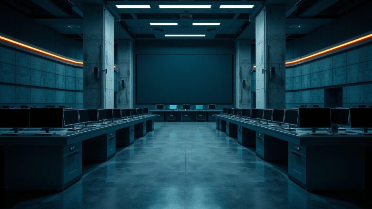 OpenAI, Anthropic : quand les labs IA appellent à la prudence 1 Salle de contrôle vide aux pupitres en acier sombre, éclairage vert et ambré tamisé.