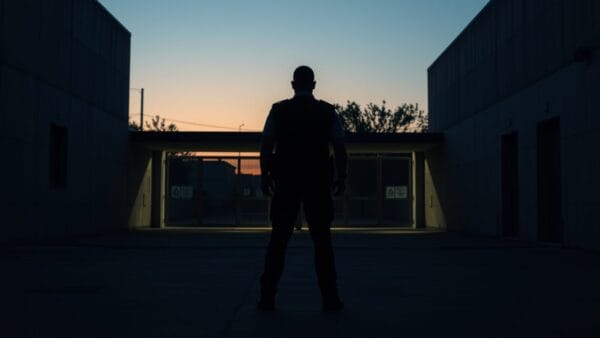 Poste-frontière désert au crépuscule, silhouette de dos d'un agent de sécurité à distance.