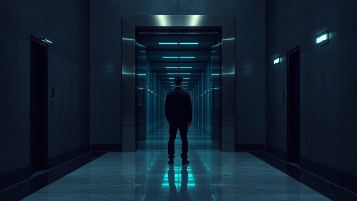 Porte de sécurité en acier entrouverte dans un couloir institutionnel, silhouette de dos au loin.