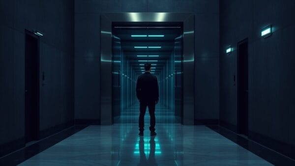 Porte de sécurité en acier entrouverte dans un couloir institutionnel, silhouette de dos au loin.
