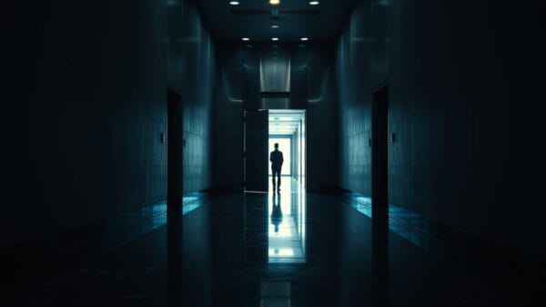 Couloir institutionnel sombre avec porte blindée entrouverte et silhouette d'un analyste de dos au loin.