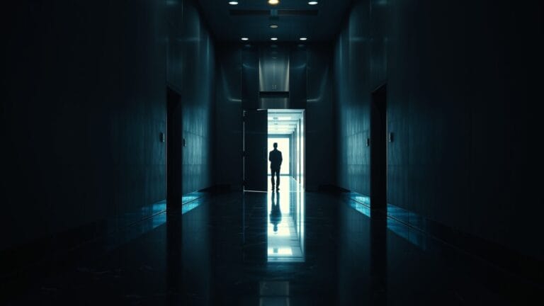 Couloir institutionnel sombre avec porte blindée entrouverte et silhouette d'un analyste de dos au loin.