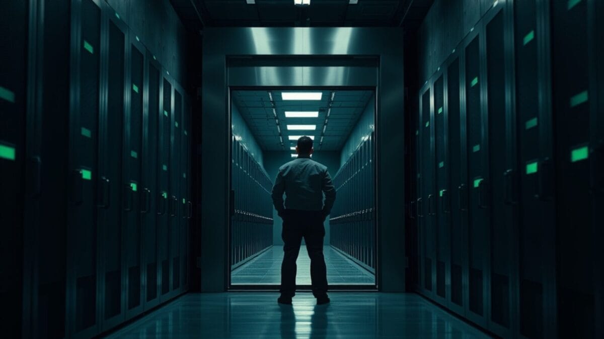 OpenAI freine son RL : la pause qui teste toute l'industrie 1 Porte blindée entrouverte dans une salle des machines, silhouette d'un technicien de dos au fond du couloir.