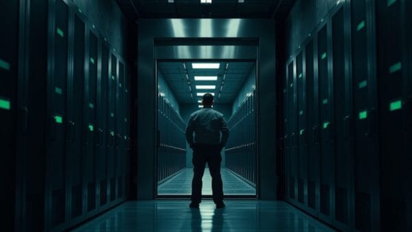 Porte blindée entrouverte dans une salle des machines, silhouette d'un technicien de dos au fond du couloir.