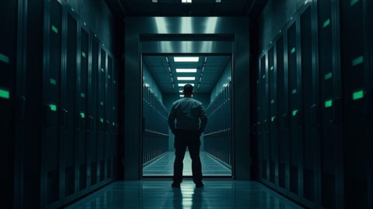 Porte blindée entrouverte dans une salle des machines, silhouette d'un technicien de dos au fond du couloir.