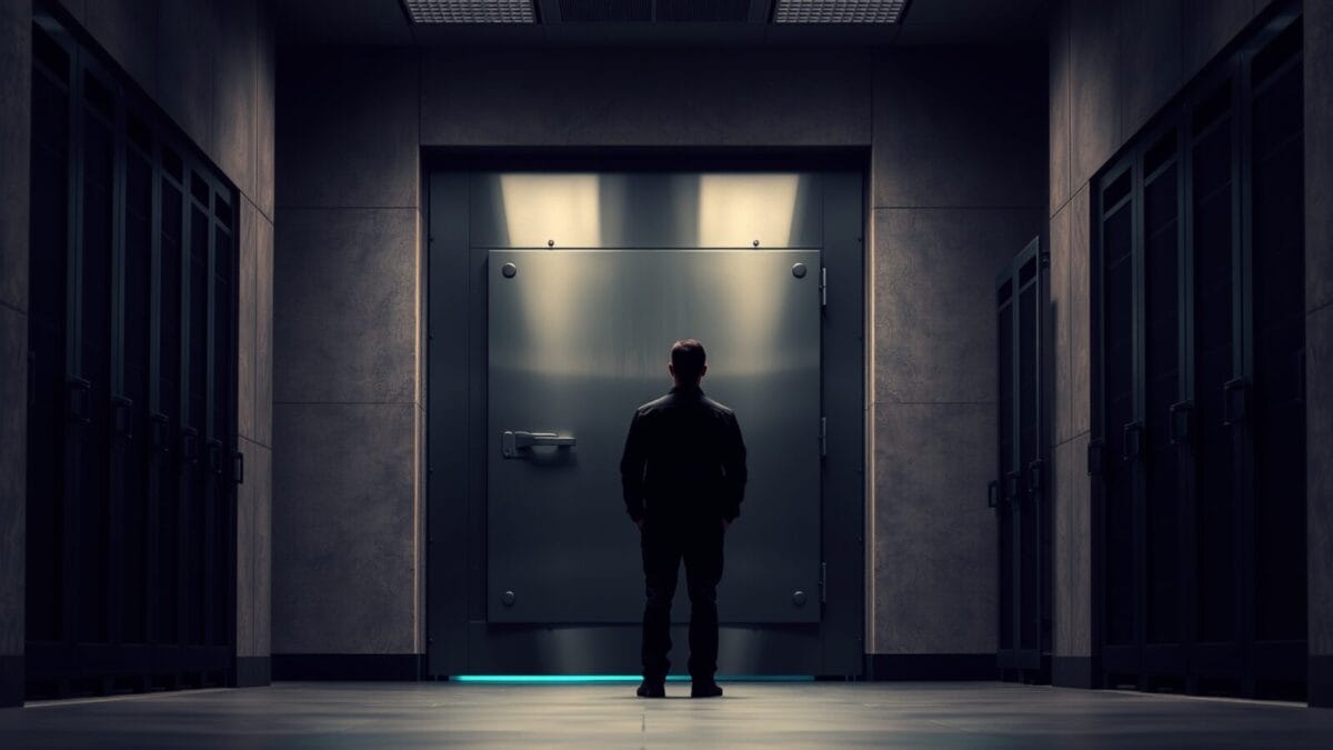 OpenAI met Astra en pause : le seuil de cyber-capacité critique franchi 1 Lourde porte de coffre en acier fermée dans un couloir de serveurs, silhouette de dos au loin.