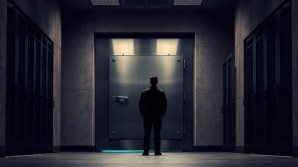 Lourde porte de coffre en acier fermée dans un couloir de serveurs, silhouette de dos au loin.