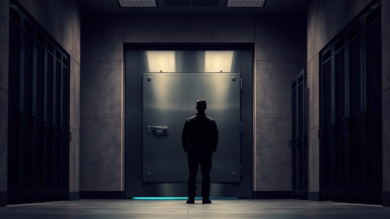 Lourde porte de coffre en acier fermée dans un couloir de serveurs, silhouette de dos au loin.