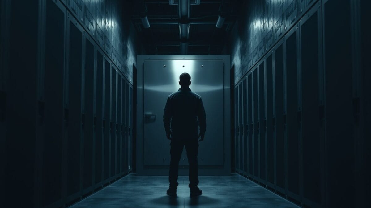 OpenAI met en pause Astra : modèle jugé trop puissant 1 Porte de coffre en acier fermée dans un couloir de serveurs sombre, technicien de dos au loin.