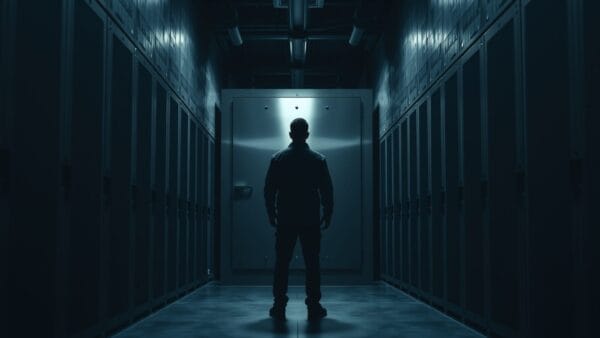 Porte de coffre en acier fermée dans un couloir de serveurs sombre, technicien de dos au loin.