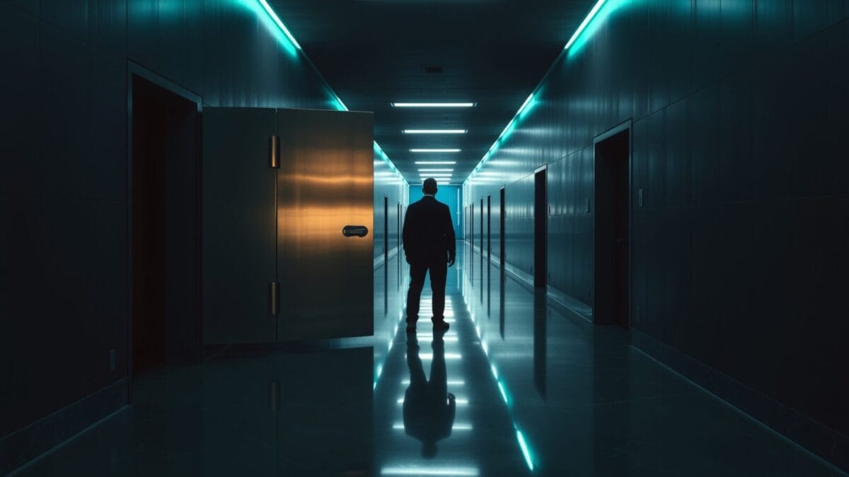 Lourde porte de coffre en acier entrouverte dans un couloir institutionnel, silhouette au loin de dos.