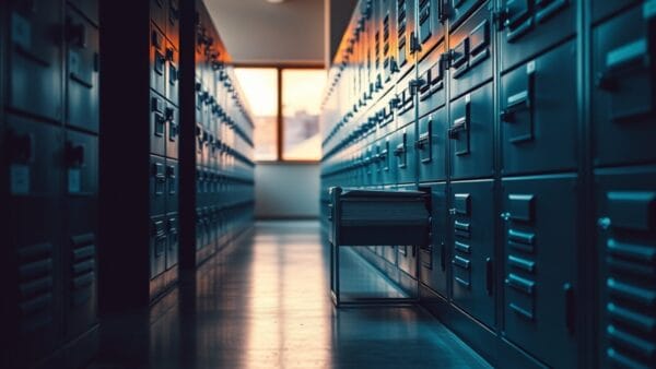Rangée d'armoires d'archives métalliques dans une salle institutionnelle silencieuse