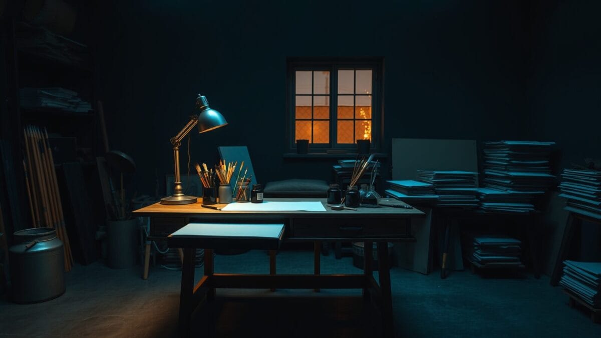 Un bureau d'artiste vide au crépuscule, pinceaux et encre alignés sur bois sombre.