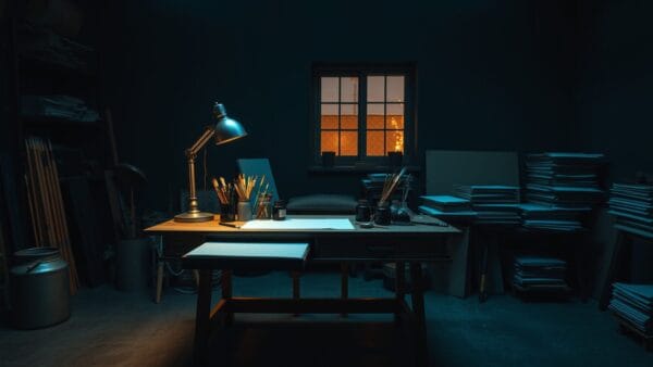 Un bureau d'artiste vide au crépuscule, pinceaux et encre alignés sur bois sombre.