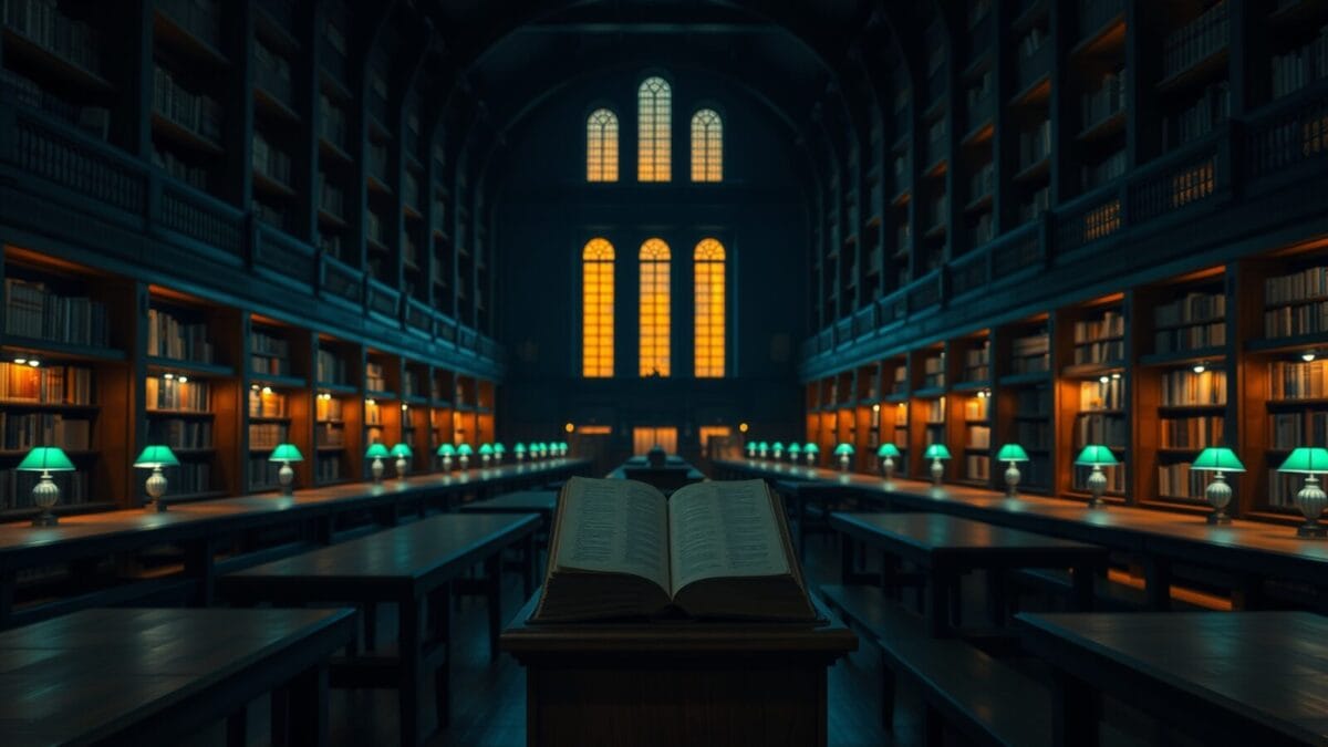 Quand Google invente un coucher de soleil : le web perd la mémoire 1 Grande salle de bibliothèque institutionnelle au crépuscule, tables vides et rayonnages plongés dans l'ombre.