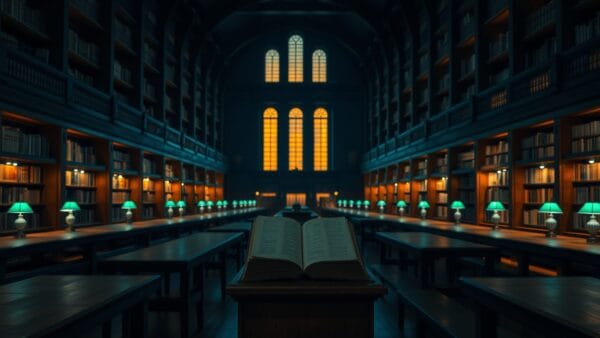 Grande salle de bibliothèque institutionnelle au crépuscule, tables vides et rayonnages plongés dans l'ombre.