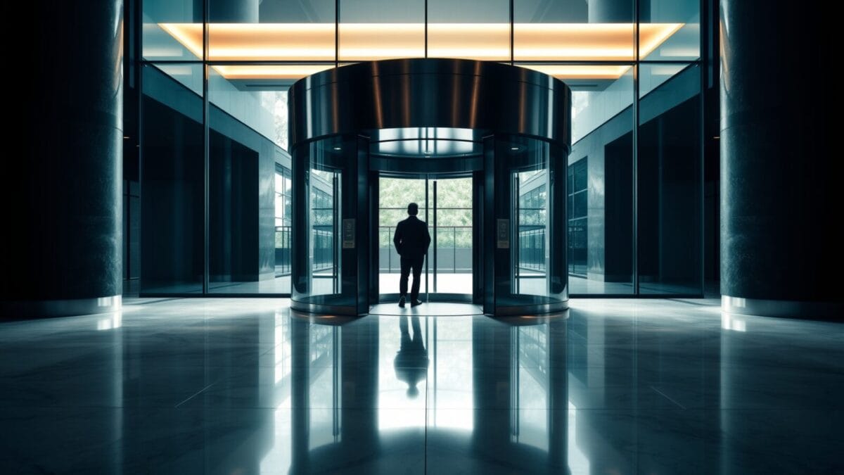 Reddit conteste les AI Overviews : 60 M$ en jeu avec Google 1 Hall d'entreprise vitré au crépuscule, silhouette de dos à distance près d'une porte en acier brossé.