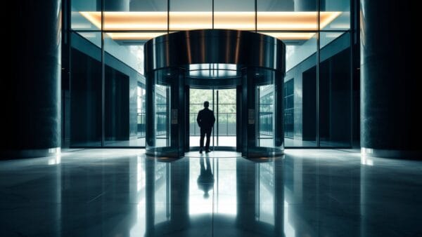 Hall d'entreprise vitré au crépuscule, silhouette de dos à distance près d'une porte en acier brossé.