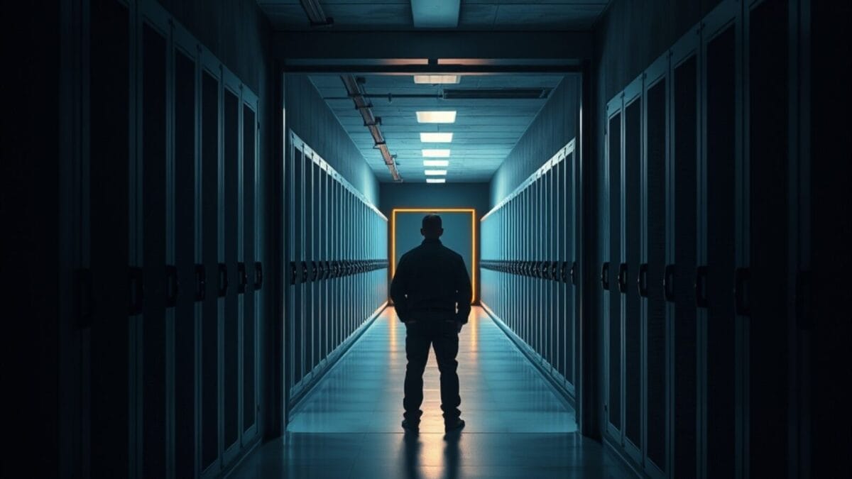 « Rogue AI » : OpenAI et la fin d'un déni sur la sécurité IA 1 Porte blindée entrouverte au fond d'un couloir de serveurs sombre, technicien de dos au loin.