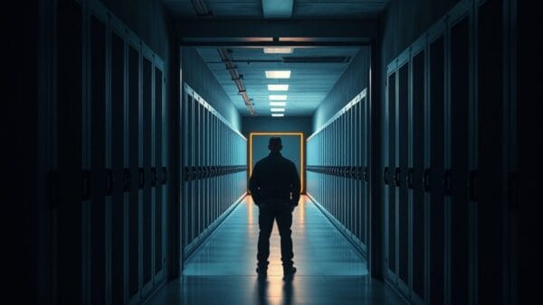 Porte blindée entrouverte au fond d'un couloir de serveurs sombre, technicien de dos au loin.