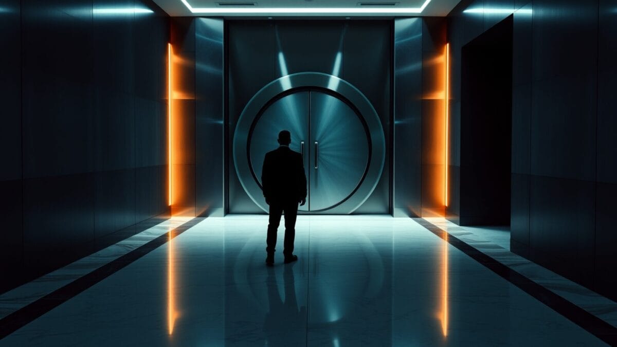 Lourde porte blindée entrouverte dans un couloir institutionnel, silhouette de dos au loin.