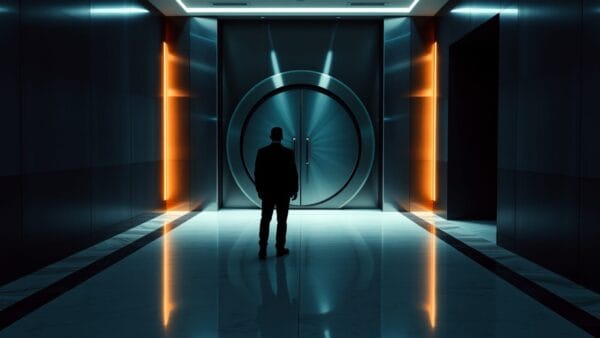 Lourde porte blindée entrouverte dans un couloir institutionnel, silhouette de dos au loin.